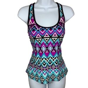 Small Geometric Tribal Purple Black Blue Swim Top Small Lined Stretch Tank